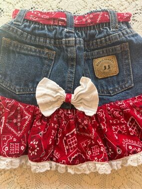 Girls' Denim Skirt with Red Bandana Ruffle and White Bow